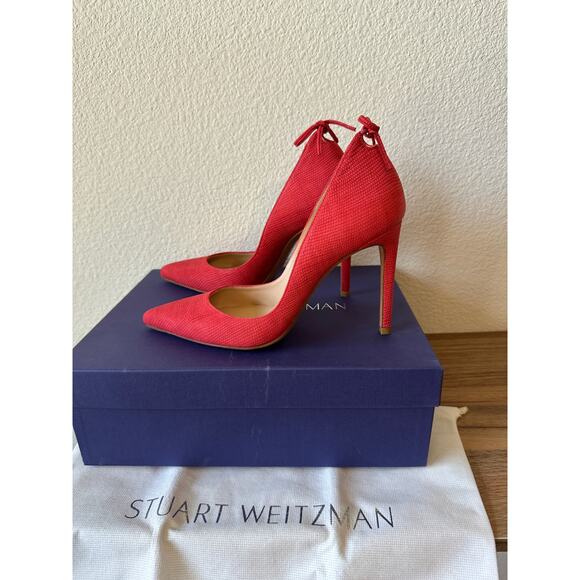 Stuart Weitzman Peekabow Red Embossed Lizard Leather Pumps Size 7M - Picture 3 of 3